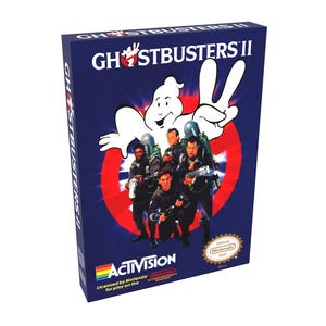 May include: A video game box for Ghostbusters II. The box is dark blue with the game title in white and a cartoon ghost character. The Ghostbusters team is featured in the center, with the Activision logo at the bottom.