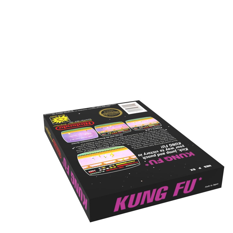 May include: A black Nintendo Entertainment System game cartridge with a pink label that reads "KUNG FU*" and a black and white image of a martial arts character. The back of the cartridge shows screenshots of the game and instructions on how to play.