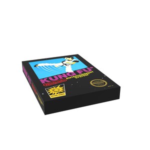 May include: A black Nintendo Entertainment System game cartridge box with a pink and white label. The label features a pixelated image of a person in a white karate uniform performing a martial arts move. The text on the label reads "Kung Fu+ Nintendo Entertainment System".