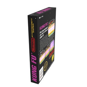 May include: A black Nintendo Entertainment System game cartridge box with a pink and yellow design. The box features the title "KUNG FU" and a description of the game. The back of the box shows screenshots of the game.