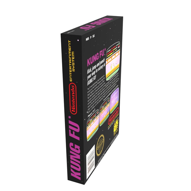 May include: A black Nintendo Entertainment System game cartridge box with a pink and yellow design. The box features the title "KUNG FU" and a description of the game. The back of the box shows screenshots of the game.