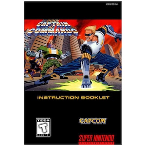 May include: A Super Nintendo game cartridge for Captain Commando. The cover art features a red background with a cityscape and a character in a blue and white suit with a robotic arm. The text "Captain Commando" is in a large, bold font.