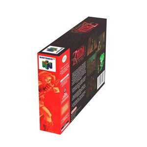 May include: A Nintendo 64 video game box for The Legend of Zelda: Ocarina of Time. The box features a red side panel with the Nintendo 64 logo and a character illustration. The main panel is black with game screenshots and the game title.