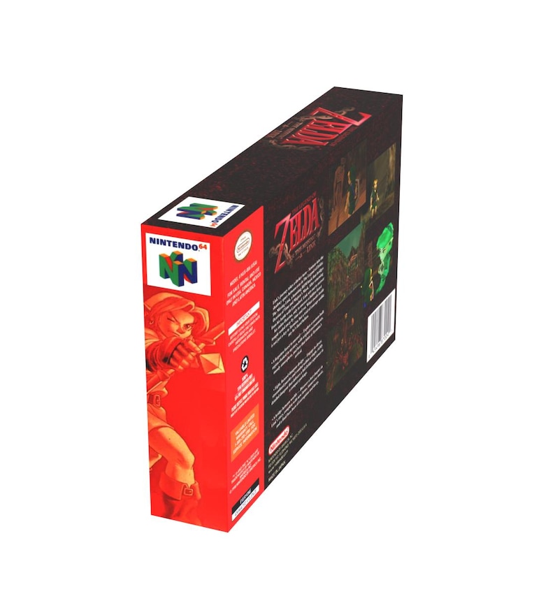 May include: A Nintendo 64 video game box for The Legend of Zelda: Ocarina of Time. The box features a red side panel with the Nintendo 64 logo and a character illustration. The main panel is black with game screenshots and the game title.