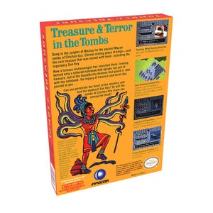 May include: A retro video game box cover for Treasure & Terror in the Tombs. The cover features a colorful illustration of a Mayan warrior with multiple arms, holding a staff. The background is a yellow jungle scene with a blue sky. The text on the box reads "Treasure & Terror in the Tombs" and includes details about the game, such as the number of hours of gameplay and the cast of characters.