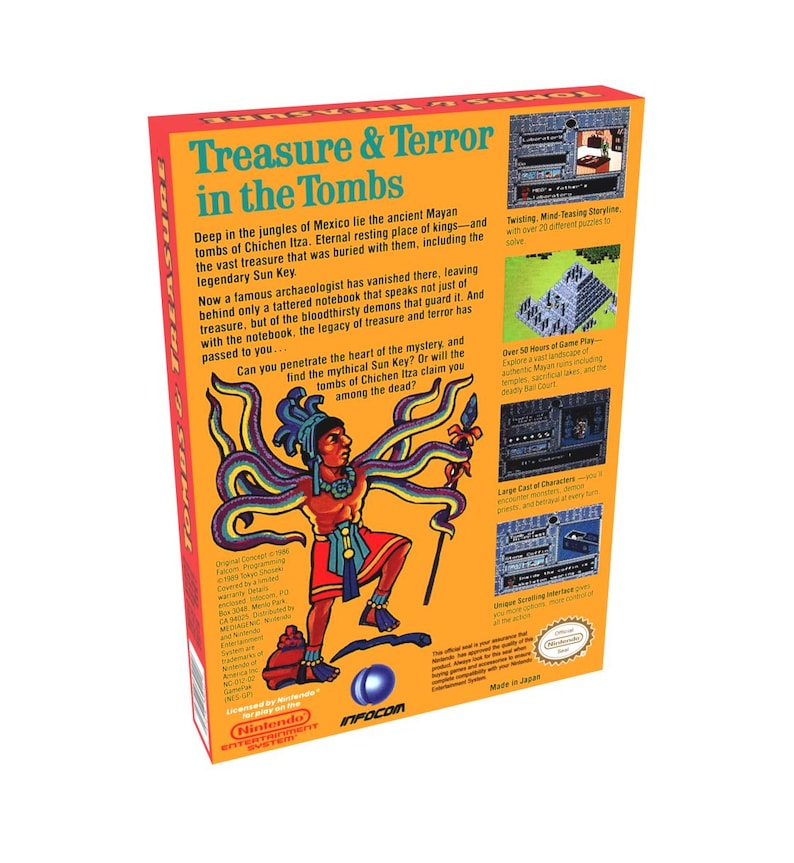 May include: A retro video game box cover for Treasure & Terror in the Tombs. The cover features a colorful illustration of a Mayan warrior with multiple arms, holding a staff. The background is a yellow jungle scene with a blue sky. The text on the box reads "Treasure & Terror in the Tombs" and includes details about the game, such as the number of hours of gameplay and the cast of characters.
