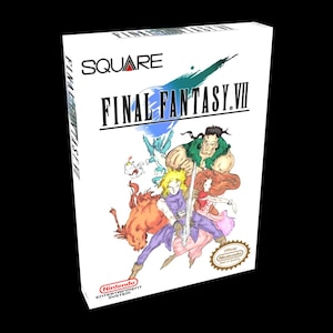 Könnte beinhalten: Weiße Box für das Videospiel Final Fantasy VII, mit einer farbenfrohen Illustration von Charakteren und dem Logo des Spiels. Die Box enthält die Logos Square und Nintendo Entertainment System.