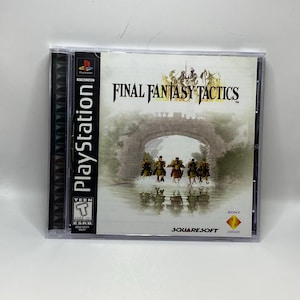 May include: A PlayStation game case for Final Fantasy Tactics. The cover art shows a watercolour illustration of a bridge and figures on horseback. The game's title is in large, bold letters. The case is in a clear plastic jewel case.