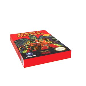 May include: A red Nintendo Entertainment System game cartridge box with a green, yellow, and black illustration of a jungle scene with people and snakes. The box says "Tombs & Treasure" and "Infocom" on the front.