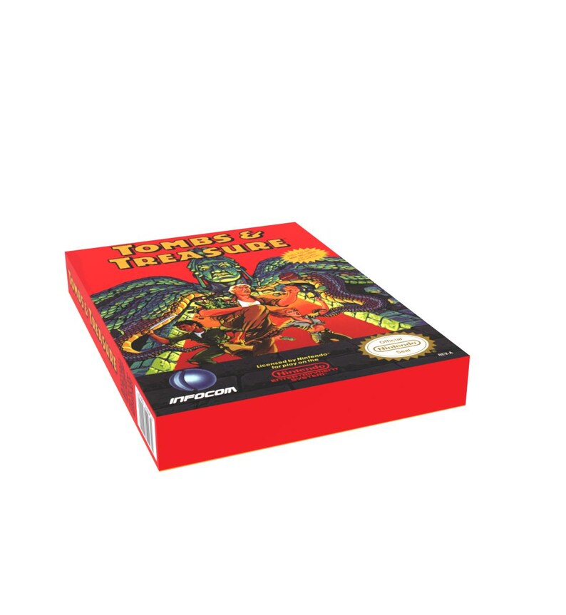 May include: A red Nintendo Entertainment System game cartridge box with a green, yellow, and black illustration of a jungle scene with people and snakes. The box says "Tombs & Treasure" and "Infocom" on the front.