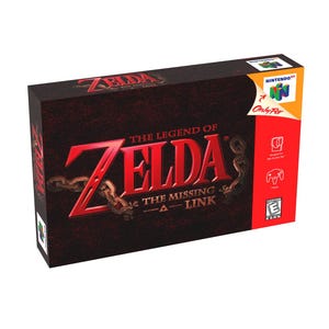 May include: A boxed copy of "The Legend of Zelda: The Missing Link" video game for the Nintendo 64. The box is primarily dark red with the game's title in red and gold lettering, and a chain graphic. The Nintendo 64 logo is visible.