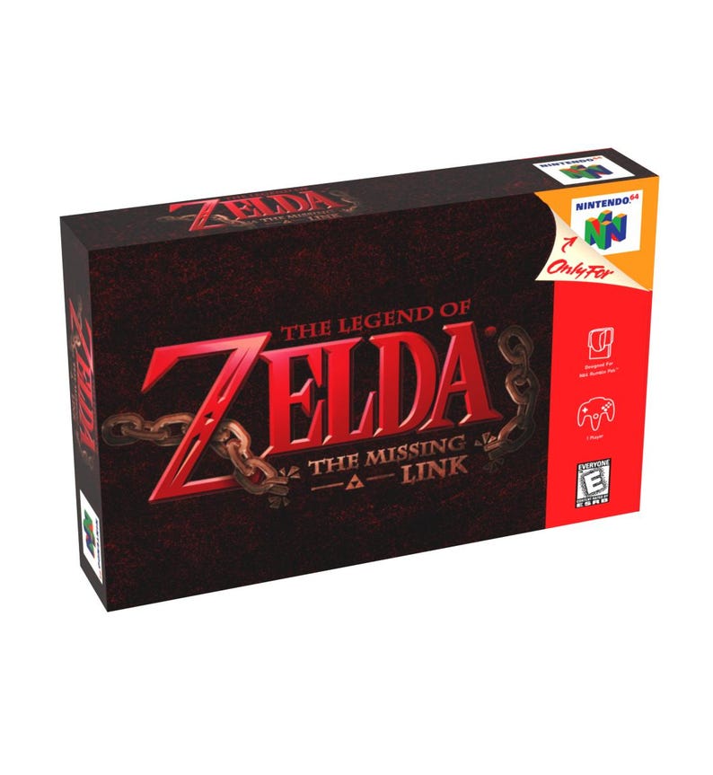 May include: A boxed copy of "The Legend of Zelda: The Missing Link" video game for the Nintendo 64. The box is primarily dark red with the game's title in red and gold lettering, and a chain graphic. The Nintendo 64 logo is visible.