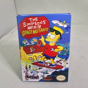 May include: A video game box cover featuring Bart Simpson from The Simpsons, riding a skateboard and holding a can of spray paint. The box cover is blue and yellow with the title "The Simpsons Bart vs. The Space Mutants".