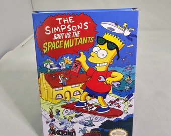 May include: A video game box cover featuring Bart Simpson from The Simpsons, riding a skateboard and holding a can of spray paint. The box cover is blue and yellow with the title "The Simpsons Bart vs. The Space Mutants".