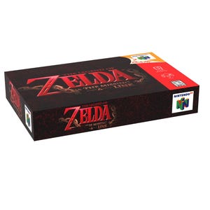 May include: A rectangular video game box for "The Legend of Zelda: The Missing Link" for the Nintendo 64. The box is primarily black with red text and graphics, including the game's title and the Nintendo 64 logo. The box is rectangular.