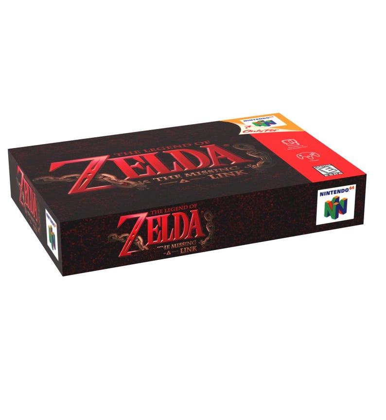 May include: A rectangular video game box for "The Legend of Zelda: The Missing Link" for the Nintendo 64. The box is primarily black with red text and graphics, including the game's title and the Nintendo 64 logo. The box is rectangular.