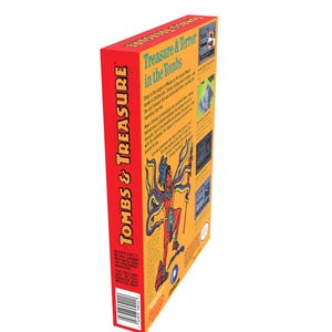 May include: A red, yellow, and blue box for the video game "Tombs & Treasure: Treasure & Terror in the Tombs". The box features an illustration of a person in a blue and green outfit holding a spear. The text "Tombs & Treasure" is printed vertically on the left side of the box. The text "Treasure & Terror in the Tombs" is printed horizontally on the right side of the box.