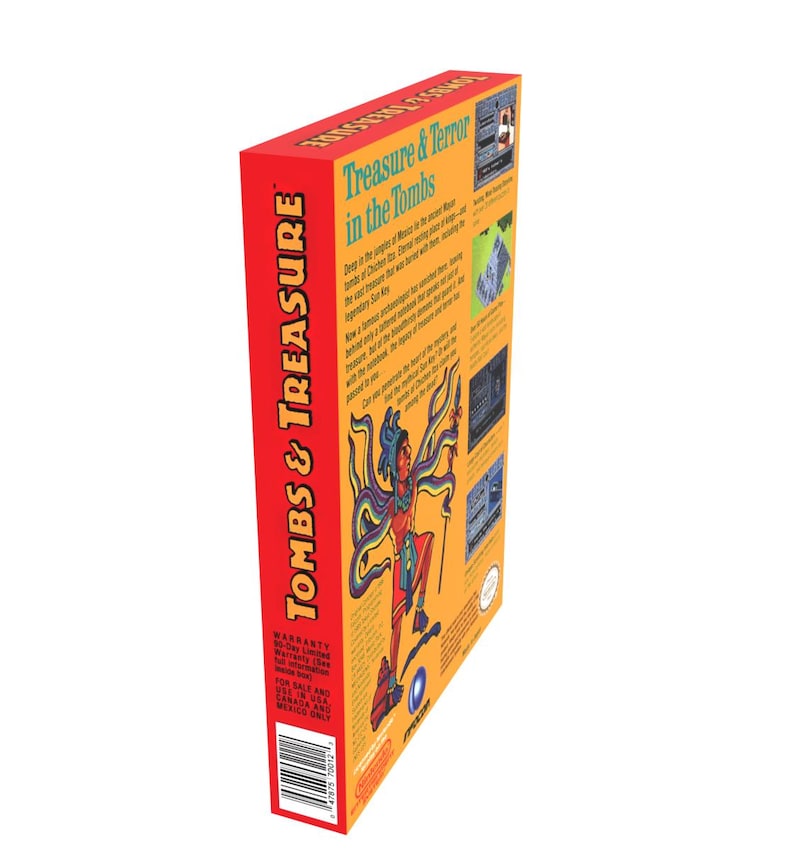 May include: A red, yellow, and blue box for the video game "Tombs & Treasure: Treasure & Terror in the Tombs". The box features an illustration of a person in a blue and green outfit holding a spear. The text "Tombs & Treasure" is printed vertically on the left side of the box. The text "Treasure & Terror in the Tombs" is printed horizontally on the right side of the box.