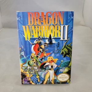 May include: A retro video game cartridge for the Nintendo Entertainment System (NES) called Dragon Warrior II. The box art features a fantasy scene with a warrior, a dragon, and a princess. The text on the box reads "Seek Allies for Your Quest. The Vast Journey Lies Ahead."