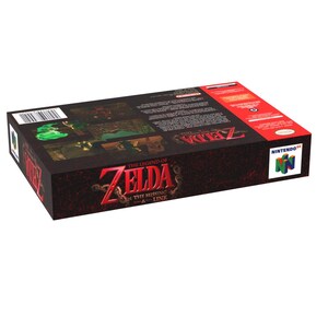 May include: A rectangular box for the Nintendo 64 video game, "The Legend of Zelda: The Missing Link." The box features a dark red and black design with the game's title in gold lettering. The Nintendo 64 logo is visible.