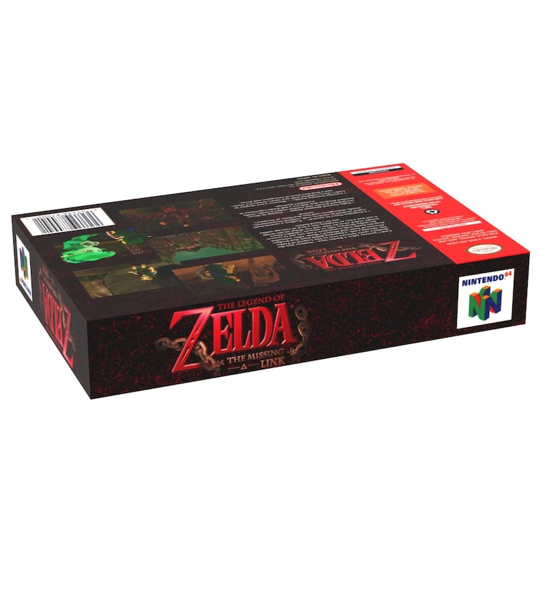 May include: A rectangular box for the Nintendo 64 video game, "The Legend of Zelda: The Missing Link." The box features a dark red and black design with the game's title in gold lettering. The Nintendo 64 logo is visible.