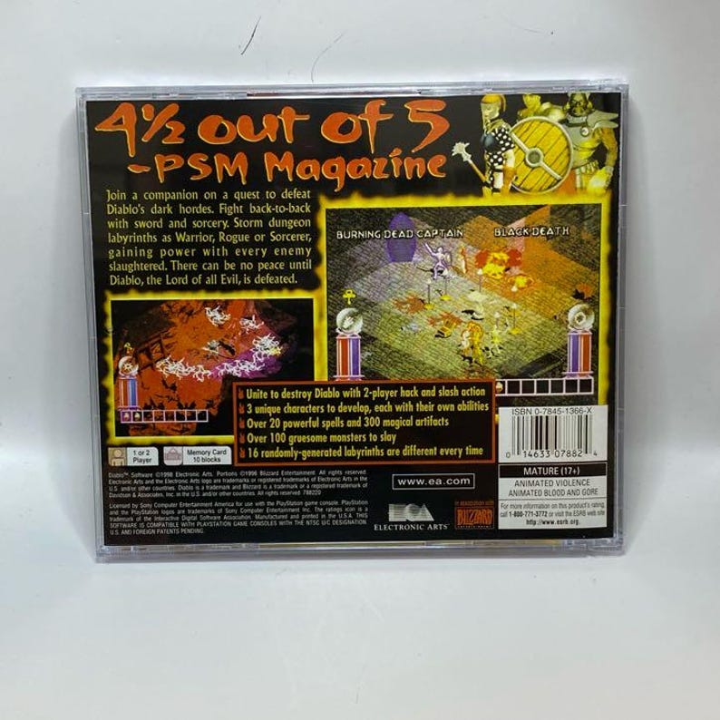 Peut inclure: Bo&icirc;tier de jeu vid&eacute;o Diablo avec une note de 4,5 sur 5 du magazine PSM. Le dos du bo&icirc;tier pr&eacute;sente des d&eacute;tails sur le jeu, notamment la possibilit&eacute; d'unir ses forces pour d&eacute;truire Diablo avec une action hack and slash &agrave; 2 joueurs.