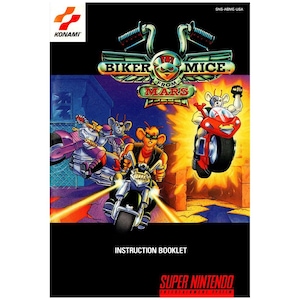May include: A Super Nintendo Entertainment System game cartridge for Biker Mice From Mars. The cover art features four cartoon mice riding motorcycles in a futuristic city setting. The game is published by Konami.