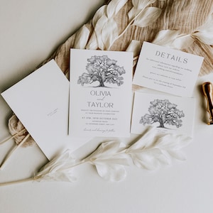 Könnte beinhalten: Hochzeitseinladungs-Set mit detaillierter Baumillustration. Das Set enthält eine Einladung, eine Detailkarte und eine RSVP-Karte. Der Einladungstext lautet "Olivia und Taylor" und das Hochzeitsdatum. Das Design ist in Schwarz und Weiß.