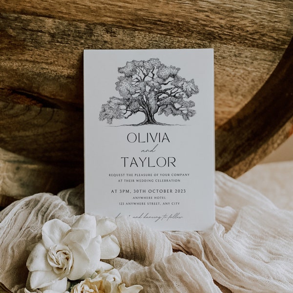 Wedding Invitation Template, Minimalist Wedding Invitations, Boho Wedding Invitation, Oaktree Wedding Invitation, Tree Wedding Invite, DIY