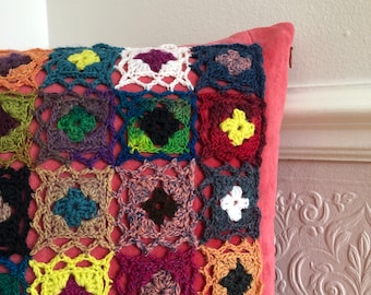 Crocheted Pillow Cover  | Pillow case, throw pillow, velvet, wool, crochet, flowers
