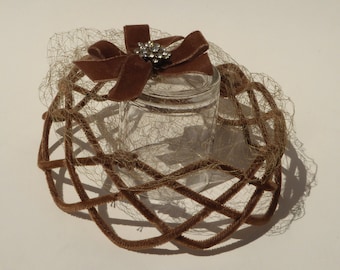 VINTAGE | Brown Headpiece with Velvet Bow and Rhinestone