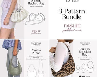 Portemonnee PDF naaipatroonbundel | Digitale download | Naaipatroon tassen voor beginners | Claudia-schoudertas, Winona-emmertas en Pamela