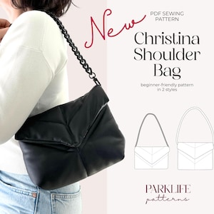 以下が含まれることがあります： チェーンストラップ付きの黒いショルダーバッグ。バッグはキルティングデザインとフラップクロージャーです。画像には「New」、「Christina Shoulder Bag」、「beginner-friendly pattern in 2 styles」と書かれています。