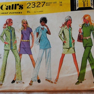Size 14 UNCUT Vintage 1970s McCalls 2327 Sewing Pattern Misses Mini Skirt Pointed Collar Shirt Wide Leg Pants Tunic Top Bust 36