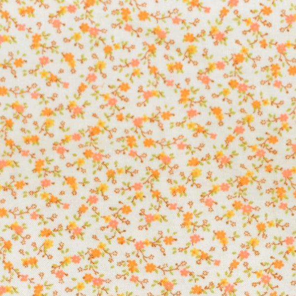 Unused Vintage Fabric Cream Print Calico Fabric with Small Yellow Gold and Apricot Orange Flowers Sold as One Piece