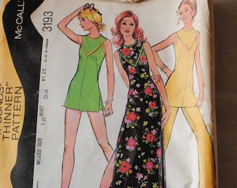Size 12, 1970s McCalls 3193 Sewing Pattern, Misses Long Dress, Tunic, Short Set, Pants, Bust 34"