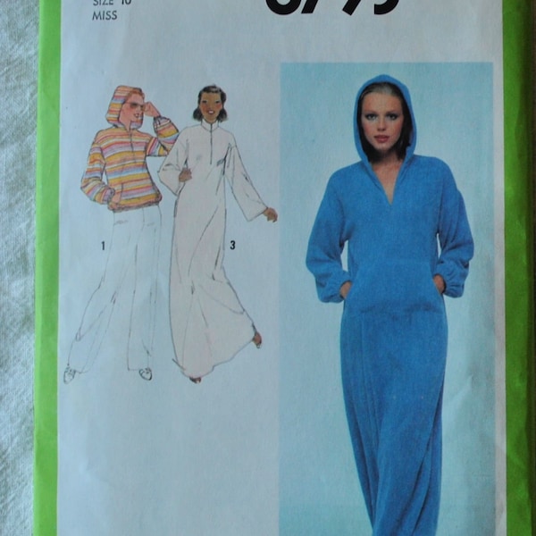 Size 10 12 UNCUT Vintage 1970s Simplicity 8793 Sewing Pattern Misses Hooded Sweatshirt Long Robe Bust 32.5" Half Zip Leisure Wear Lounge War