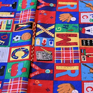 Unused Vintage 1990s A B C Block Print Fabric Teacher Education Print Blocks in Plaids Blues Sports Music Sold by the Half Yard