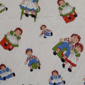 Unused Vintage Fabric Raggedy Ann and Raggedy Andy Decorate Quilted Fabric White Print, Kids Fabric, 1970s Fabric Sold by the Yard