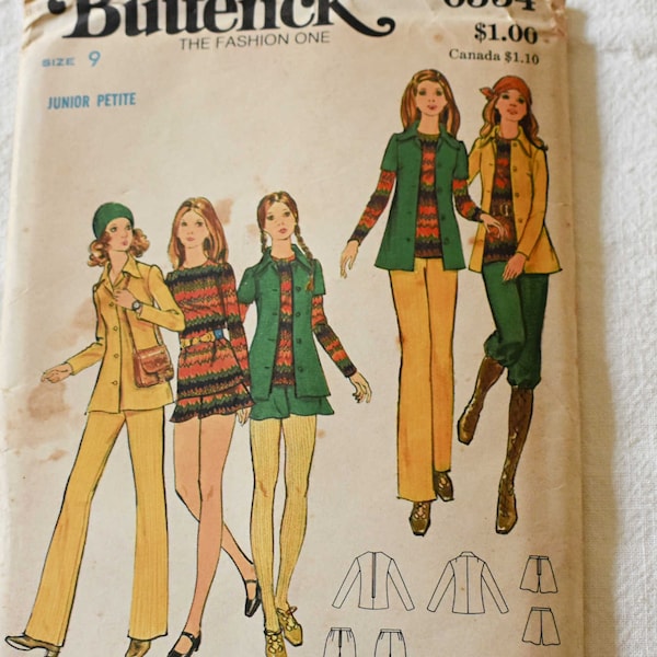 Size 9 10 UNCUT Vintage 1970s Butterick 6354 Sewing Pattern Large Collar Blouse Top Short Shorts High Waist Pants Bust 32" 33"