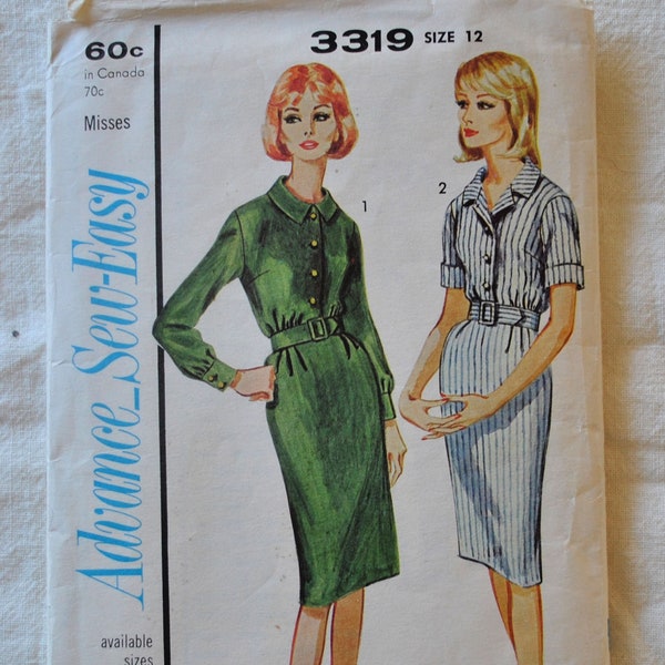 Size 12 Vintage 1960s Advance 3319 Sewing Pattern Misses Belted Semi Fitted Front Button Dress Bust 32" Shirt Dress