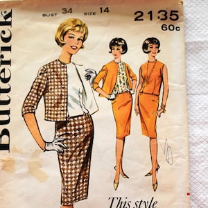 Size 14 Vintage 1960s Butterick 2135 Sewing Pattern, Misses Box Jacket Shell Top Slim Skirt, Bust 34&quot;
