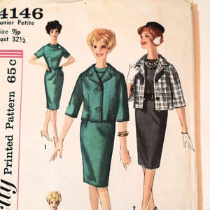 Molde de costura Simplicity 4146, tamanho 9-10, década de 1950, sem cortes, para vestido feminino, jaqueta box, busto 32".