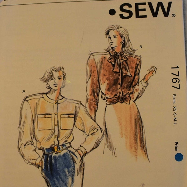 Size XS S M L UNCUT Vintage 1980s Kwik 1767 Sewing Pattern Misses Banded Collar Blouse Collar Tie Top Bust 31.5" - 41.5"