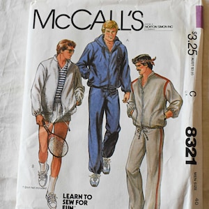 Size 38 & 44 UNCUT Vintage 1980s McCalls 8321 Sewing Pattern Men's Jogging Shorts Hooded Warm Up Jacket Pants Sweat Suit Chest 38 44"