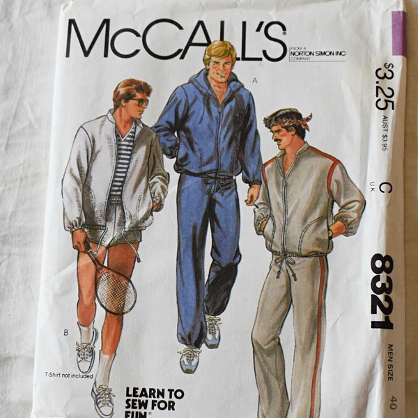 Size 44 UNCUT Vintage 1980s McCalls 8321 Sewing Pattern Men's Jogging Shorts Hooded Warm Up Jacket Pants Sweat Suit Chest 44"