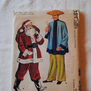 May include: A vintage McCall's sewing pattern for a Santa Claus and a Chinese costume. The pattern is printed on a white paper with a red and blue border. The pattern number is 1890. The text on the pattern reads "Men's Santa Claus and Chinese Costumes", "McCall's Printed Pattern", "Schuster's, Mitchell St., Milwaukee", "Size 38-40", "50c", "In Canada, 60c".