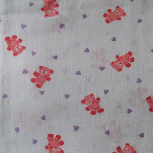 Vintage Teddy Bear Fabric: Pink Bears, Purple Hearts, Cotton Blend (Sold by the Half Yard)