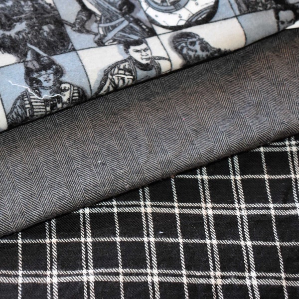 Unused Vintage Fabric Flannel and Coordinating Gray Herringbone and Black and White Plaid Fabric Sold by the Half Yard