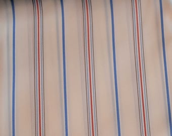 Vintage Fabric, Shiny White with Blue Red and Gray Pin Stripes, Sold by the Yard